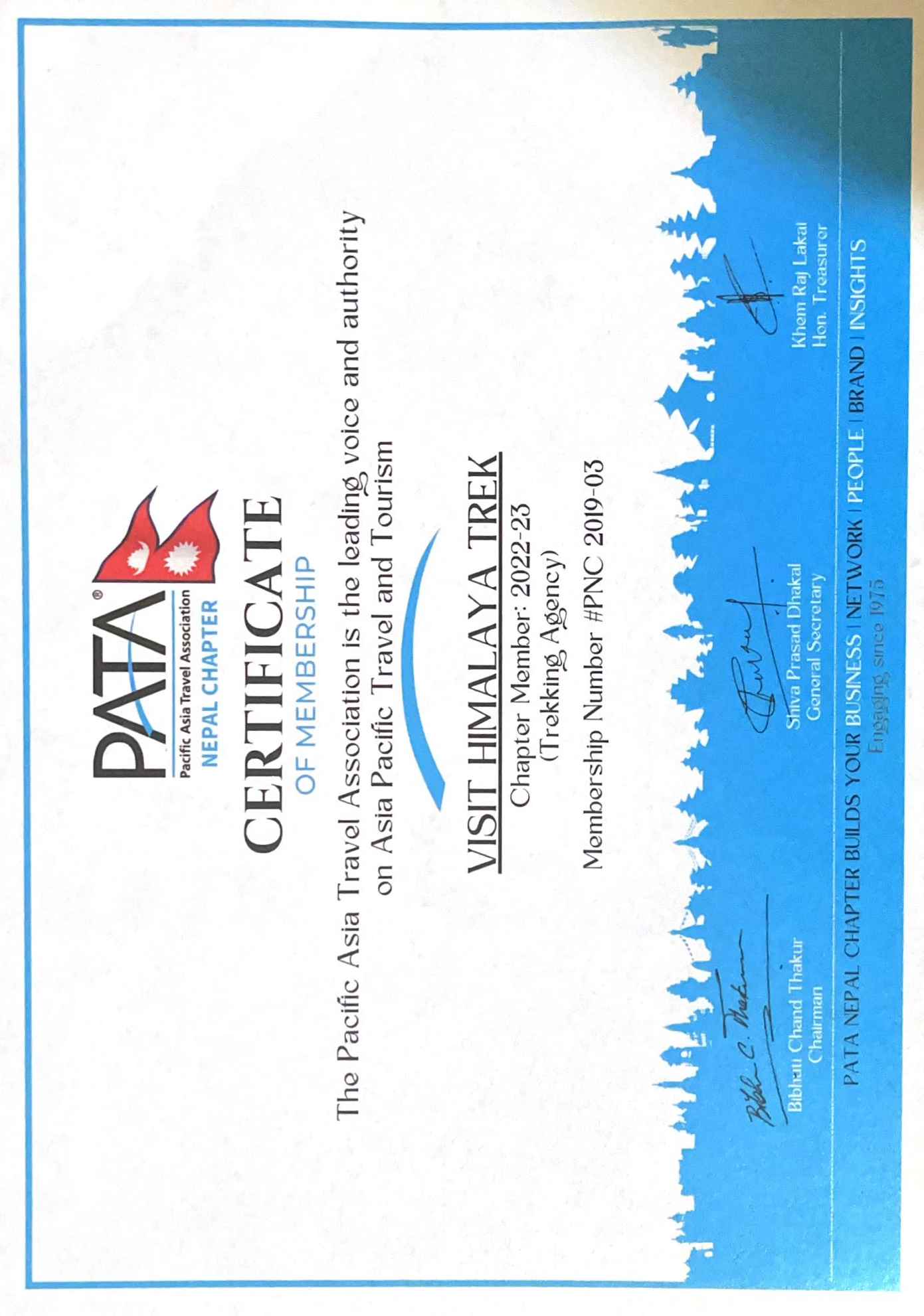 PATA Membership Certificate